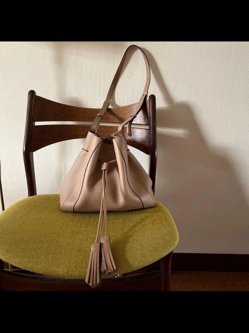 Mulberry Taupe Pebbled Leather Drawstring Bucket Bag